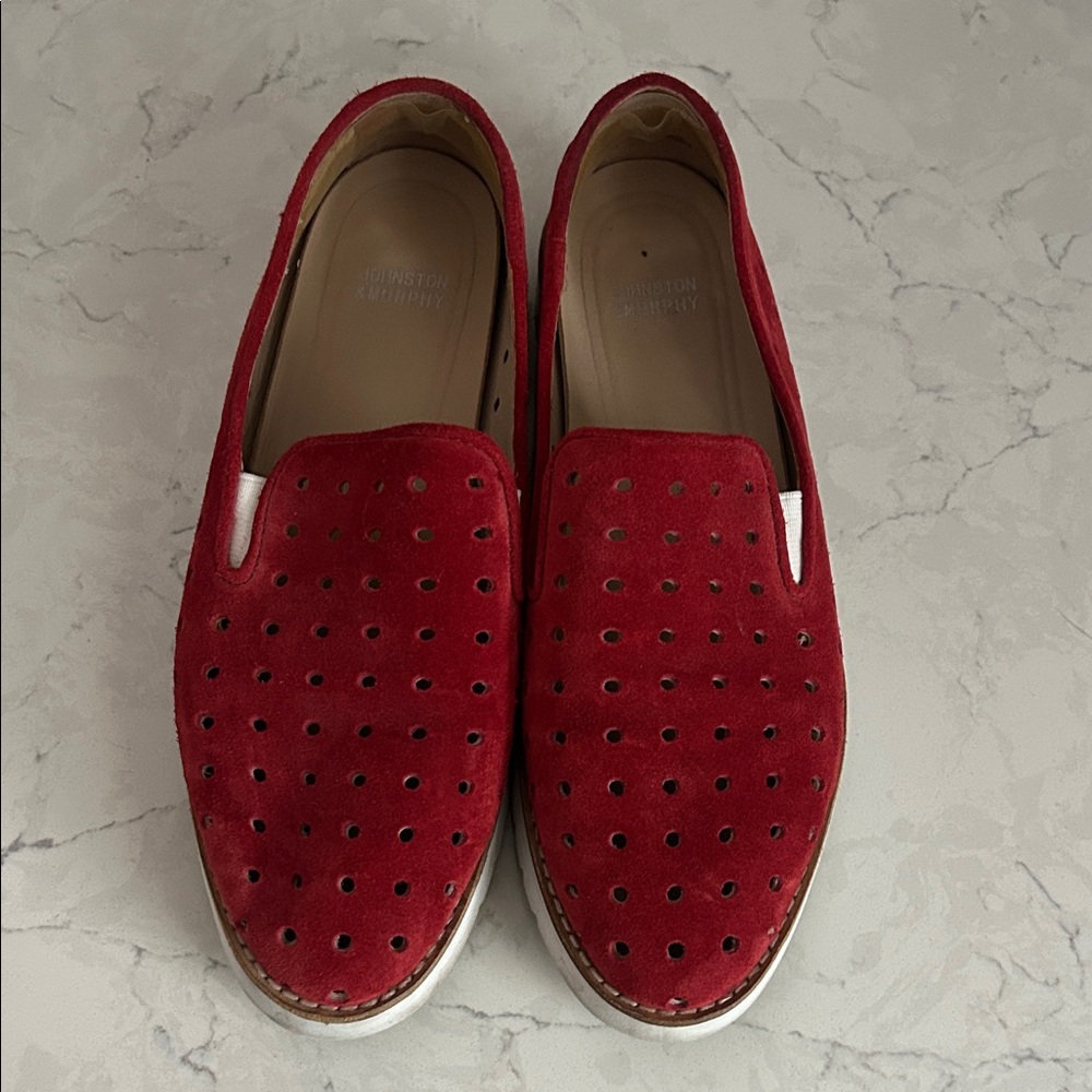 Johnston & Murphy Red Suede Perforated Slip-On Loafers